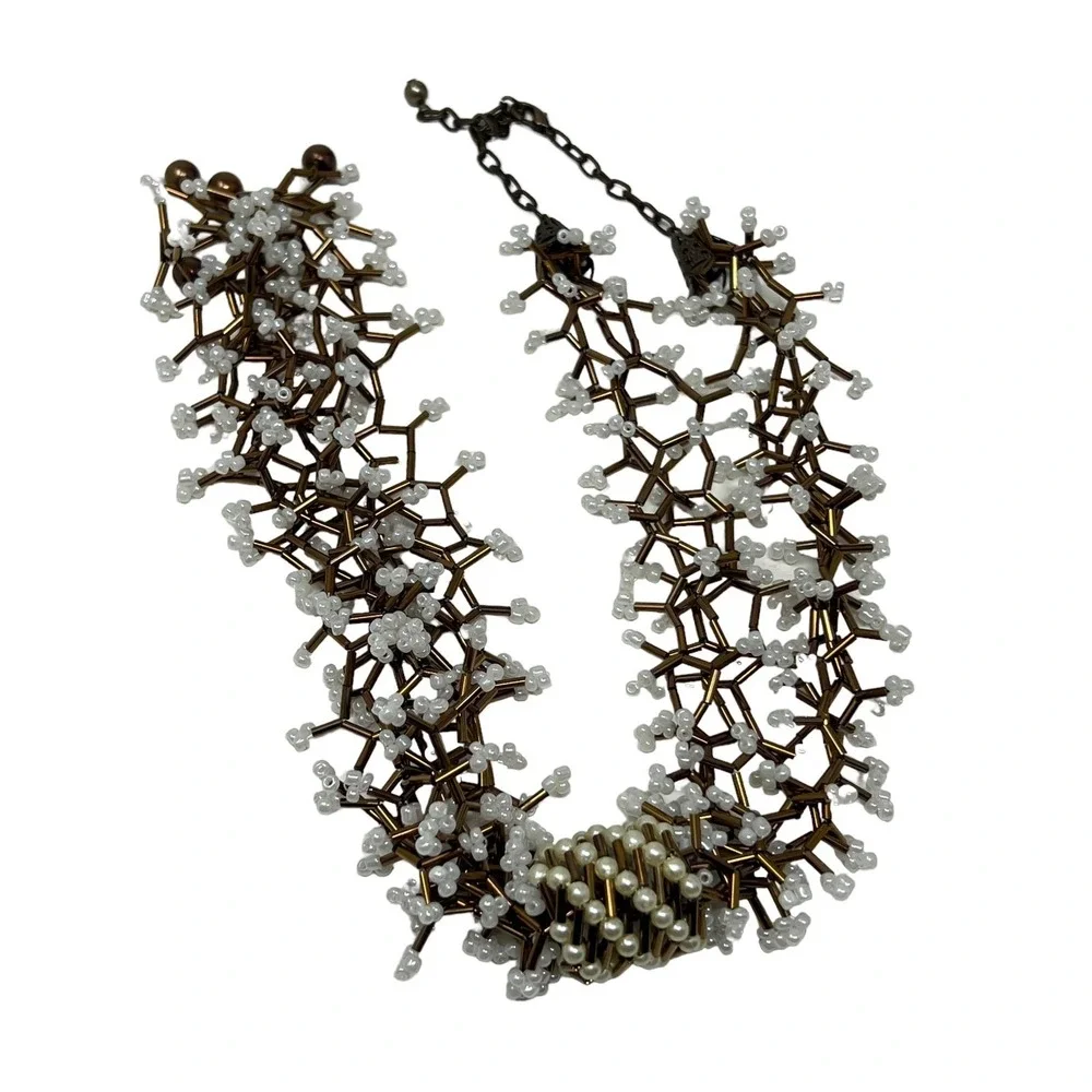 Copper Tone Necklace White‎ Beads Tube Atom Pendant Knot Unique